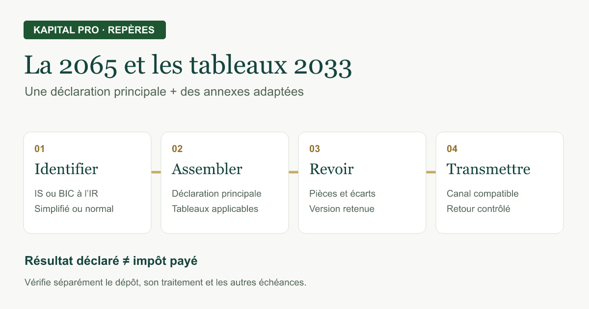 Parcours de la liasse : régime confirmé, déclaration principale et annexes, revue puis transmission contrôlée.